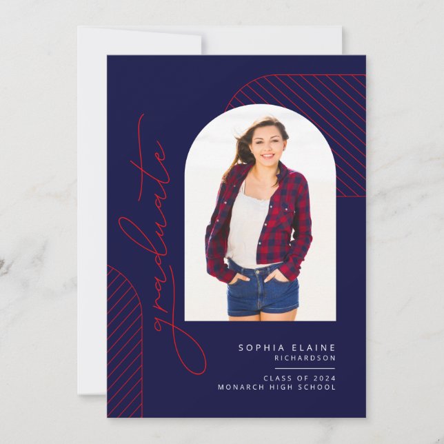 Elegant Geometric Blue Red White Graduation Announcement (Front)