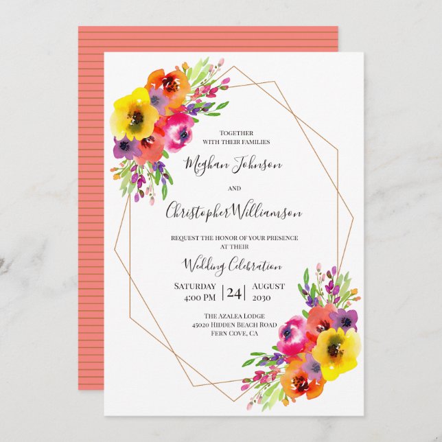 Elegant Geometric Bright Watercolor Floral Wedding Invitation (Front/Back)