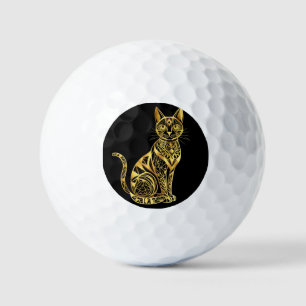 Elegant Geometric Cat Illustration in Golden Hues Golf Balls