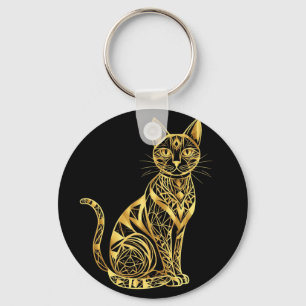 Elegant Geometric Cat Illustration in Golden Hues Key Ring