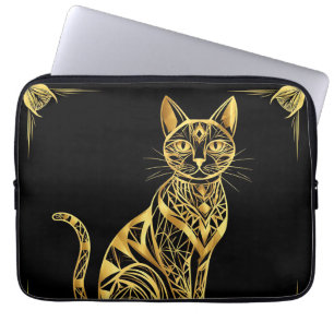 Elegant Geometric Cat Illustration in Golden Hues Laptop Sleeve
