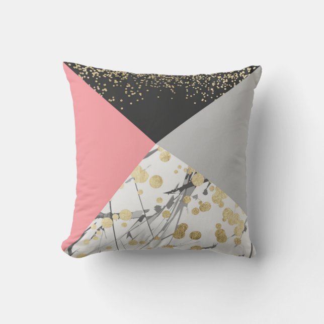 Elegant geometric coral colour block gold confetti cushion (Front)