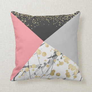 Elegant geometric coral colour block gold confetti cushion