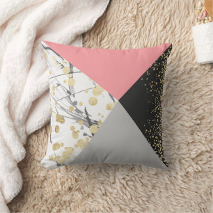Elegant geometric coral colour block gold confetti cushion