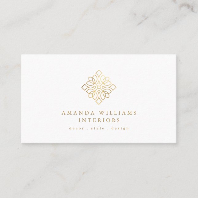 Elegant Geometric Designer Logo Gold/White Business Card (Front)