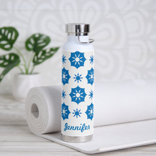 Elegant Geometric Floral Blue And White Pattern Wa Water Bottle