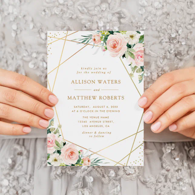elegant geometric frame blush pink floral wedding invitation | Zazzle