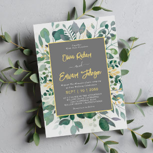 Elegant Geometric Frame foliage , Grey Wedding Invitation