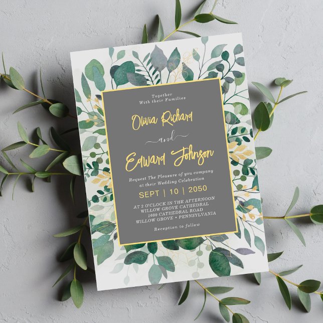 Elegant Geometric Frame foliage , Grey Wedding Invitation (Creator Uploaded)