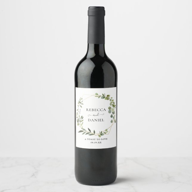 Elegant Geometric Frame Greenery  Personalised Wine Label (Front)