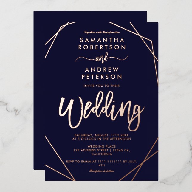 Elegant geometric frame navy blue script wedding  (Front/Back)
