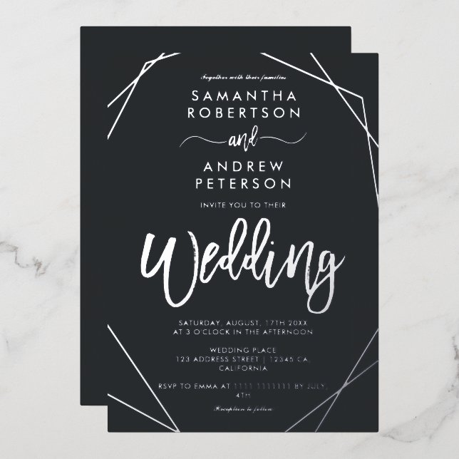 Elegant geometric frame silver script wedding (Front/Back)