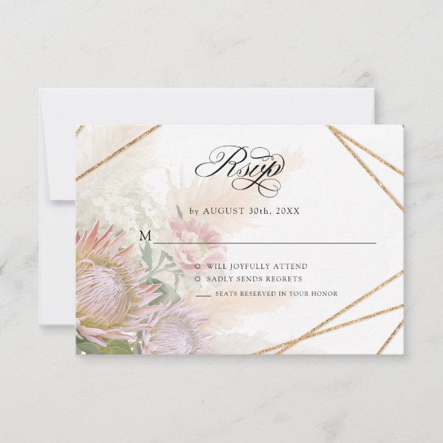 Elegant Geometric Gold Floral Pink Protea Wedding  RSVP Card (Front)