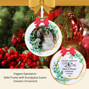Elegant Geometric Gold Frame with Eucalyptus Leave Ceramic Ornament