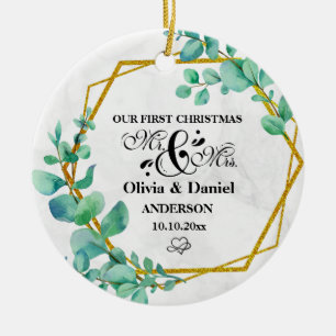 Elegant Geometric Gold Frame with Eucalyptus Leave Ceramic Ornament