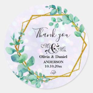 Elegant Geometric Gold Frame with Eucalyptus Leave Classic Round Sticker