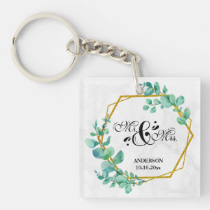 Elegant Geometric Gold Frame with Eucalyptus Leave Key Ring