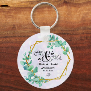 Elegant Geometric Gold Frame with Eucalyptus Leave Key Ring