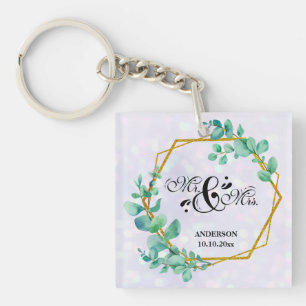 Elegant Geometric Gold Frame with Eucalyptus Leave Key Ring