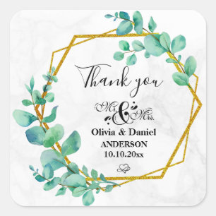 Elegant Geometric Gold Frame with Eucalyptus Leave Square Sticker