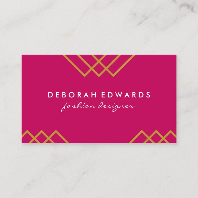Elegant Geometric Gold Lines Hot Pink Black Business Card (Front)