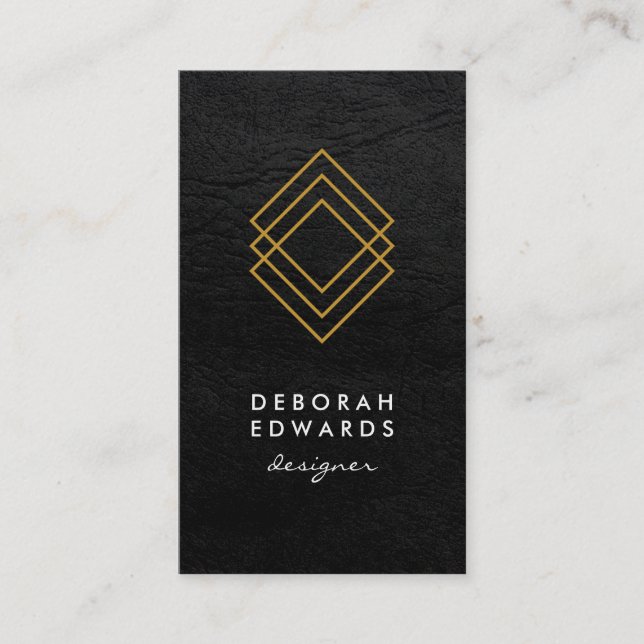 Elegant Geometric Gold Squares Faux Leather Business Card (Front)