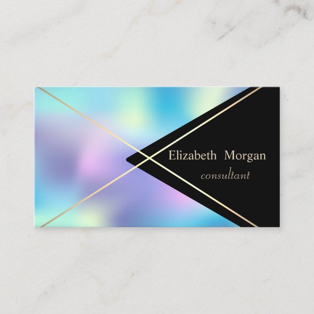 Elegant Geometric Gold Stripes Blue Holographic Business Card (Front)