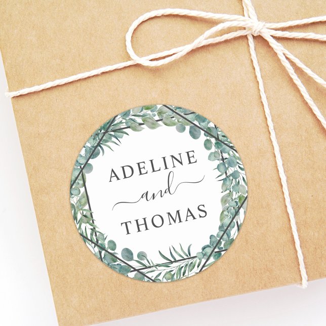 Elegant Geometric Greenery Wedding Monogram Classic Round Sticker (Creator Uploaded)