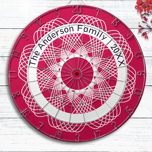 Elegant Geometric Line Art Red White Personalised Dartboard (A chic red personalized dartboard, with an attractive geometric design of curving white lines)