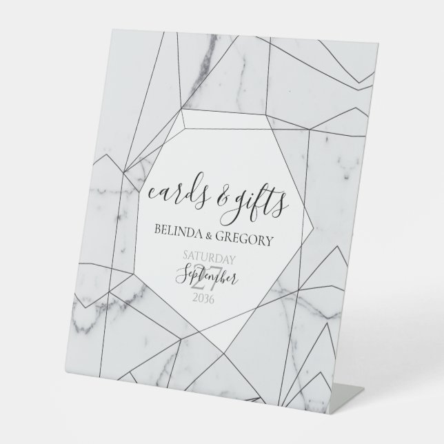 Elegant Geometric Marble Wedding Cards Gifts Pedestal Sign (Front)