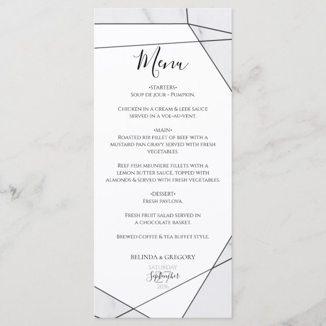Elegant Geometric Marble Wedding Menu (Front)