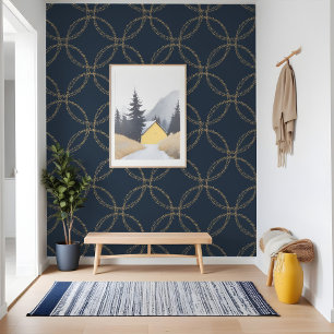 Elegant Geometric Navy Gold Glitter Circle Pattern Wallpaper