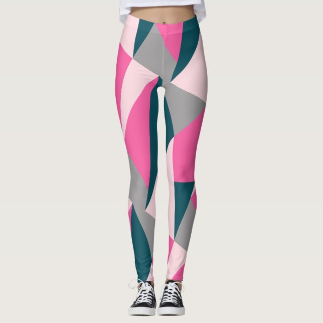 Elegant geometric pastel hot pink emerald green leggings (Front)