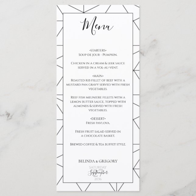 Elegant Geometric Pattern Wedding  Menu (Front)
