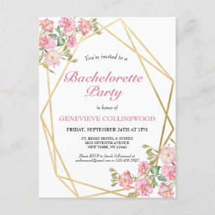 Elegant Geometric Pink Floral Bachelorette Party Invitation Postcard