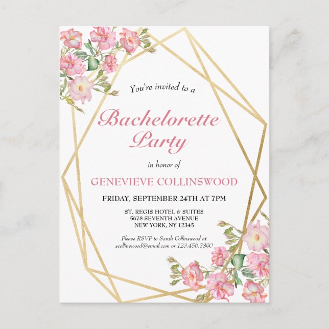 Elegant Geometric Pink Floral Bachelorette Party Invitation Postcard (Front)