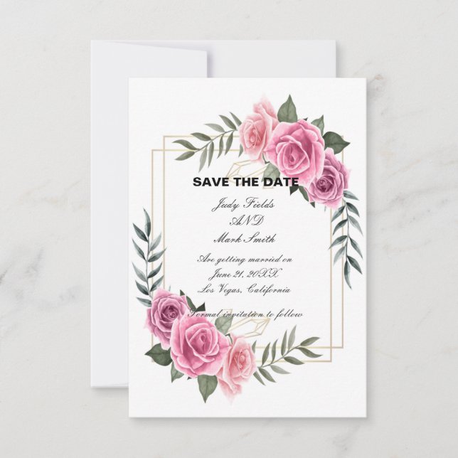 Elegant Geometric Pink Rose Save The Date Card (Front)