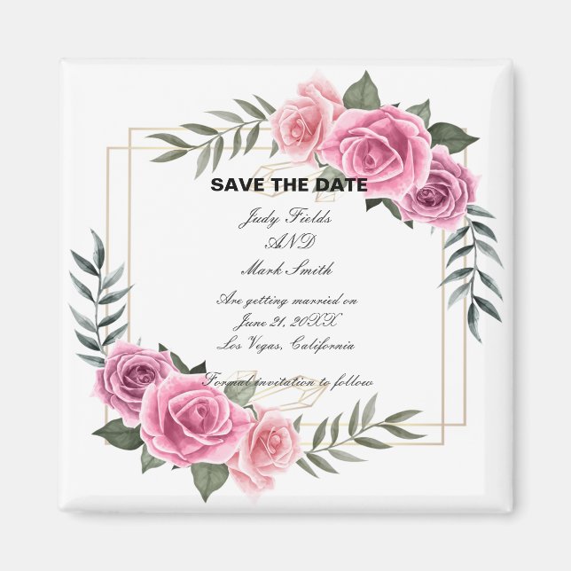 Elegant Geometric Pink Rose Save The Date Magnet (Front)