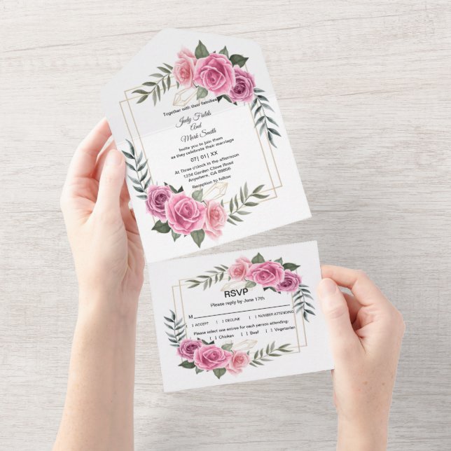 Elegant Geometric Pink Rose Wedding All In One Invitation (Tearaway)