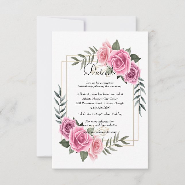 Elegant Geometric Pink Rose Wedding Details Thank You Card (Front)