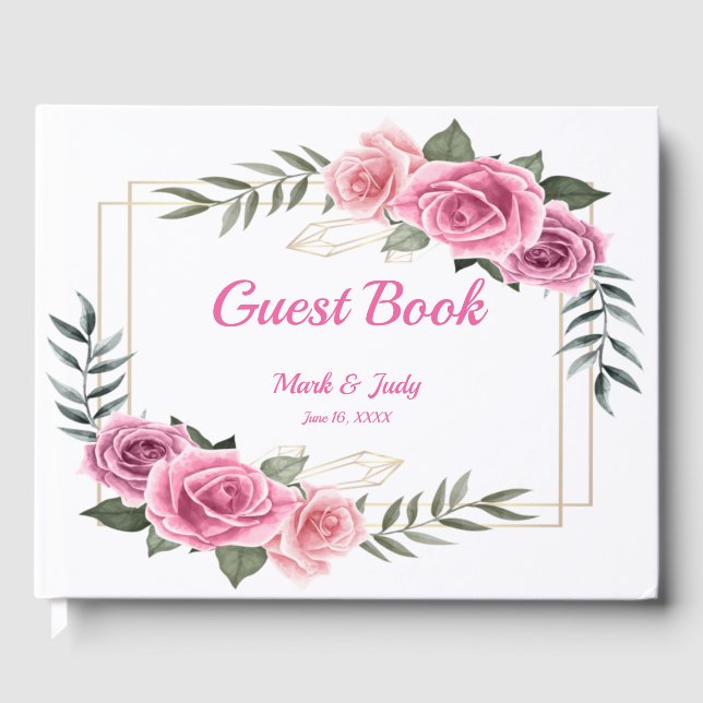 Elegant Geometric Pink Rose Wedding Guestbook (Front)