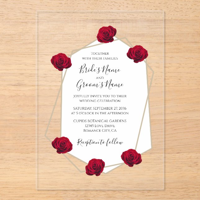 Elegant Geometric Red Rose Wedding Invitations (Front)