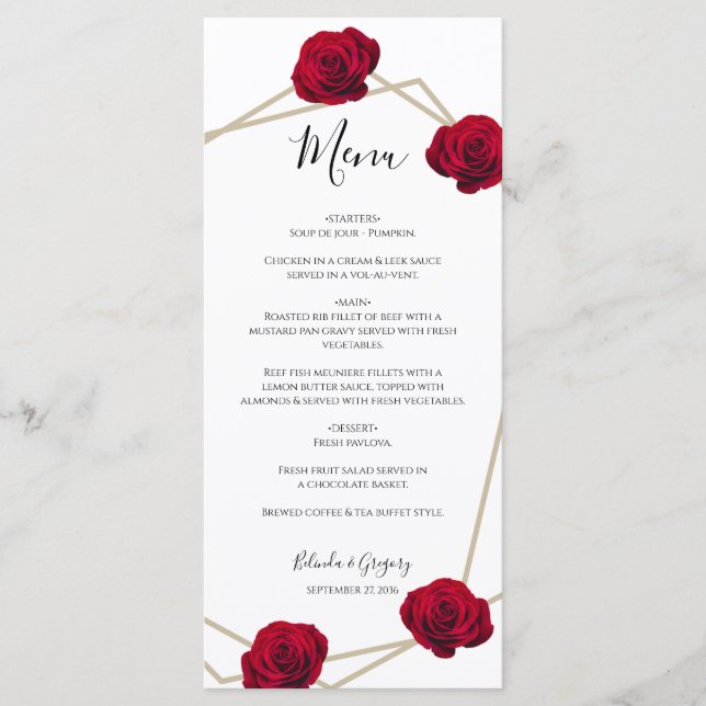 Elegant Geometric Red Rose Wedding Menu (Front)