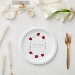 Elegant Geometric Red Rose Wedding  Paper Plate