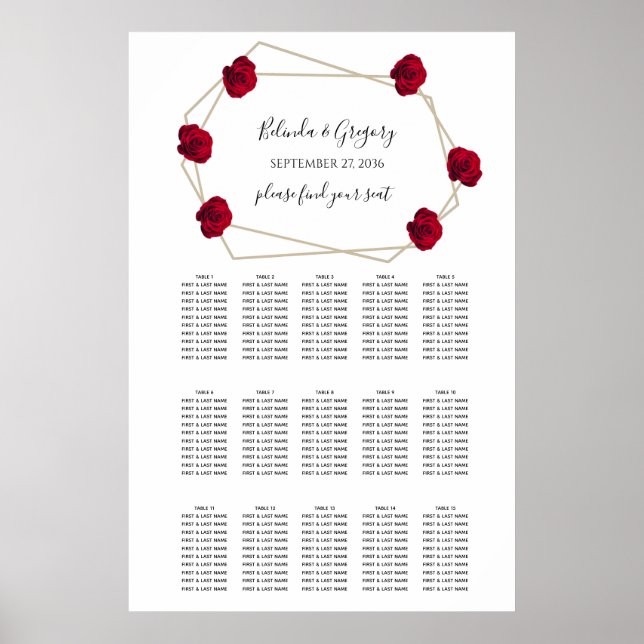 Elegant Geometric Red Rose Wedding Seating Chart (Front)