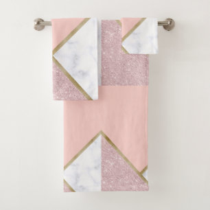 Elegant geometric rose gold glitter white marble bath towel set