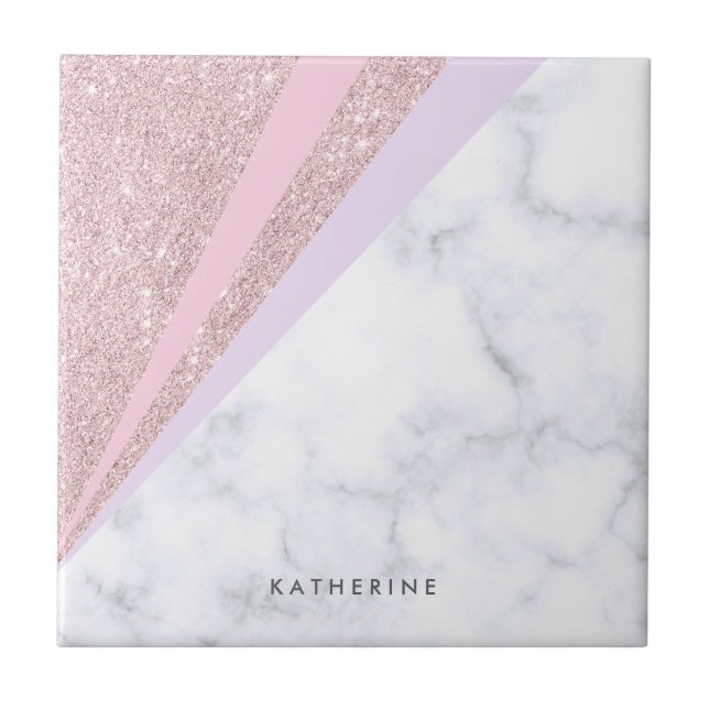 Elegant geometric rose gold glitter white marble ceramic tile (Front)