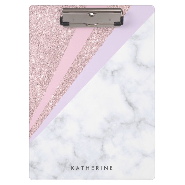 Elegant geometric rose gold glitter white marble clipboard (Front)