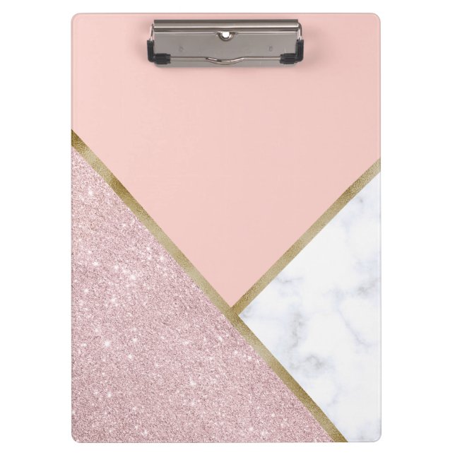 Elegant geometric rose gold glitter white marble clipboard (Front)