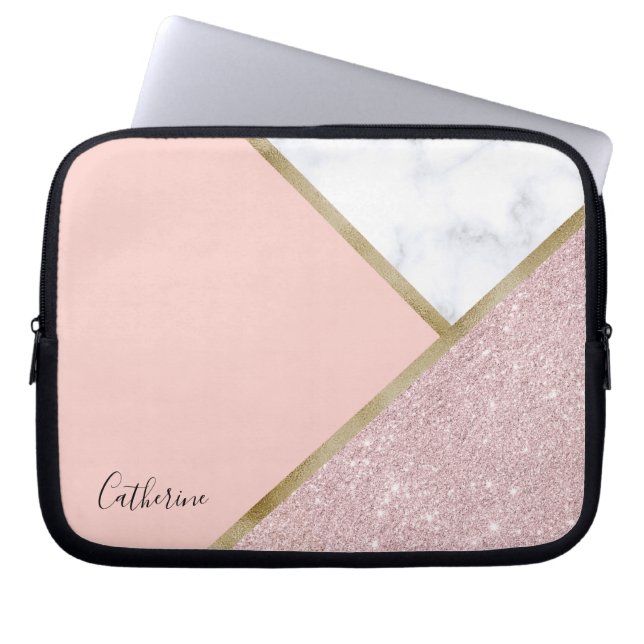 Elegant geometric rose gold glitter white marble laptop sleeve (Front)